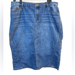 CJ Banks Denim Skirt - Classic Blue Wash Midi Pencil Skirt with Stretch Sz 14W